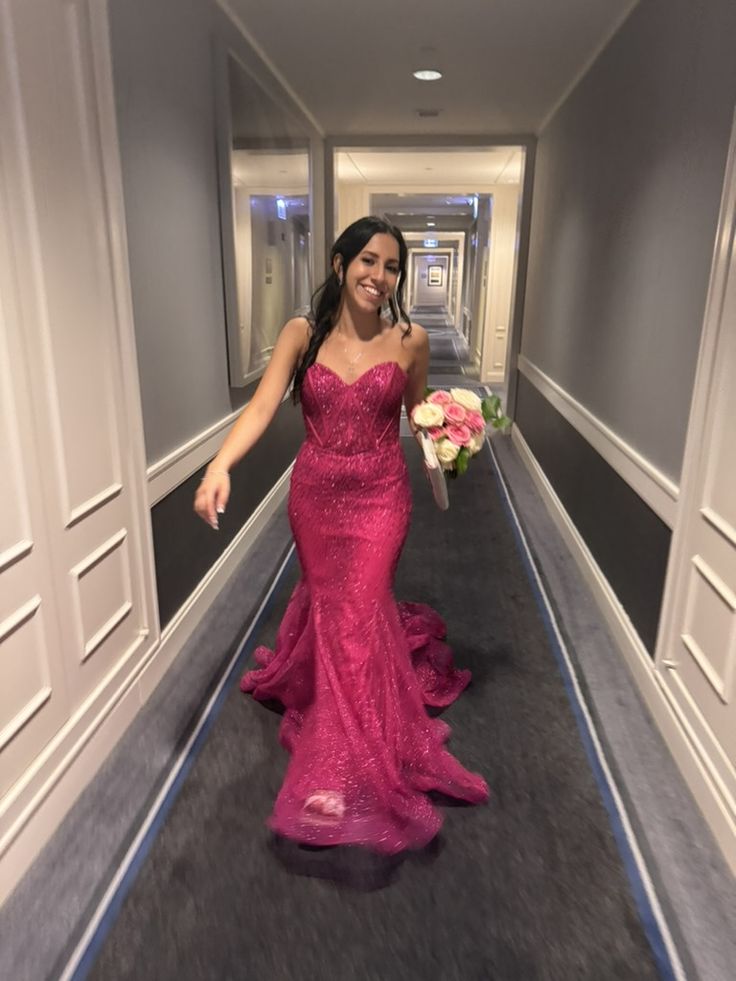 Gorgeous Hot Pink Mermaid Strapless Sequined Prom Dress Evening Dress cc4901