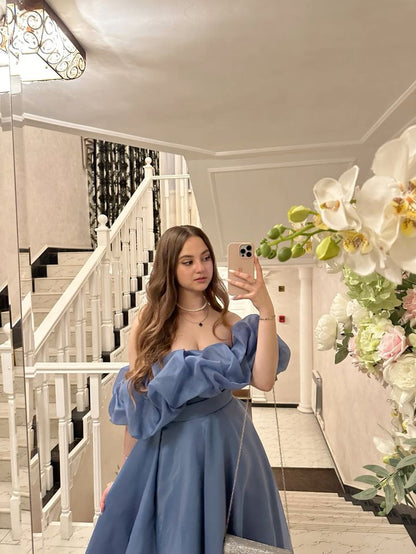 Beautiful Hazy Blue A-line Ruffled Puff Sleeve Off-shoulder Slit Organza Long Prom Dress Evening Dress cc4902