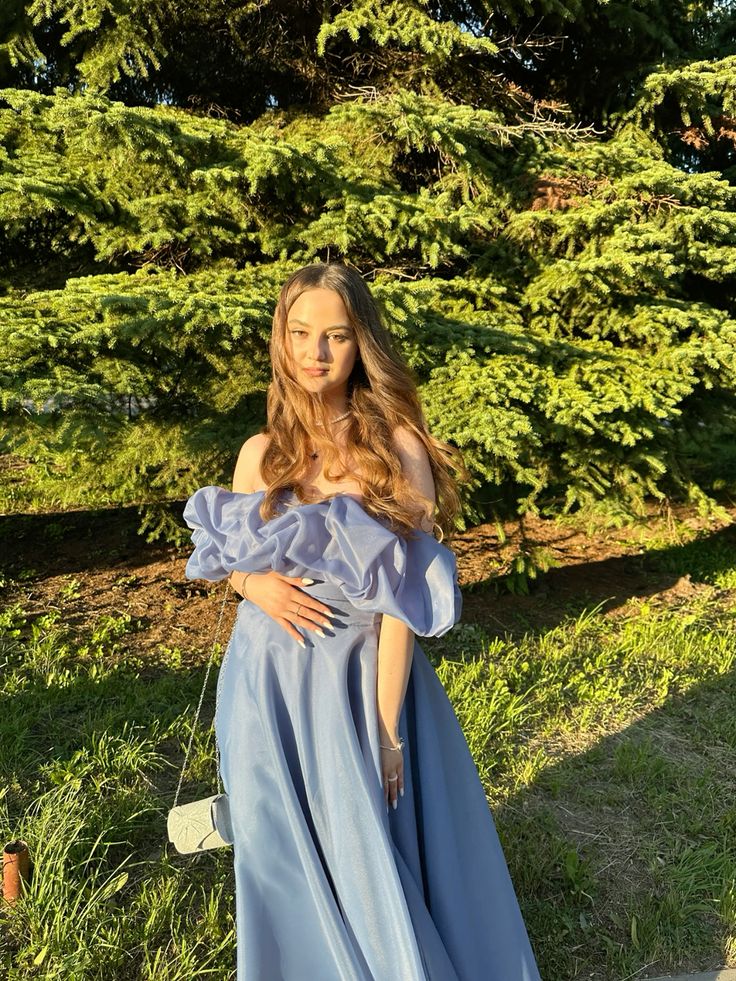 Beautiful Hazy Blue A-line Ruffled Puff Sleeve Off-shoulder Slit Organza Long Prom Dress Evening Dress cc4902