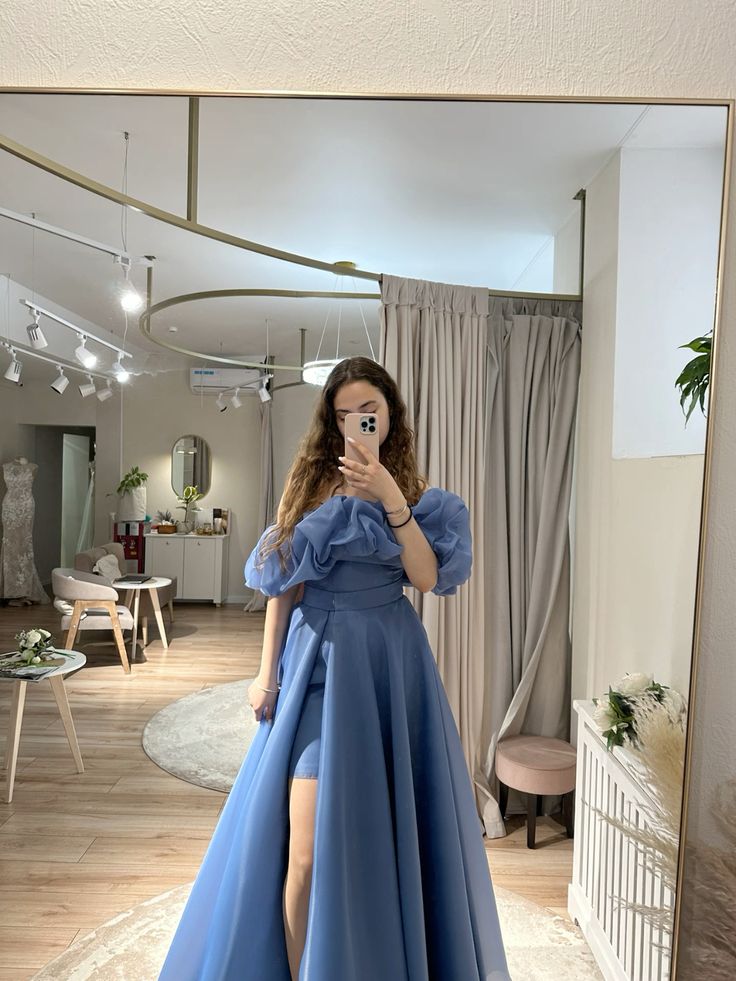 Beautiful Hazy Blue A-line Ruffled Puff Sleeve Off-shoulder Slit Organza Long Prom Dress Evening Dress cc4902