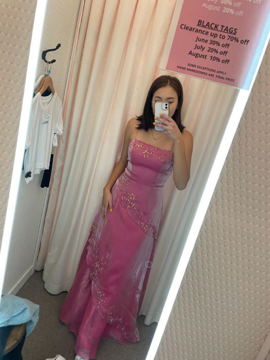 Vintage Rose Pink A-line Sequined Organza Long Prom Dress Evening Dress cc4903