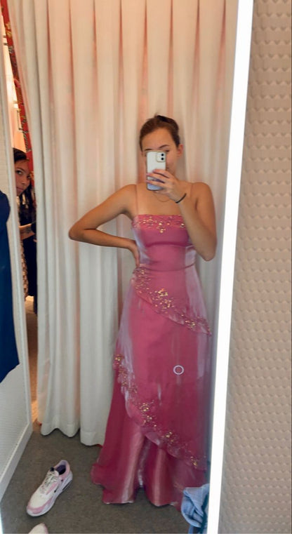 Vintage Rose Pink A-line Sequined Organza Long Prom Dress Evening Dress cc4903