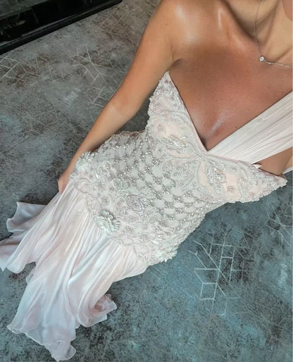 Elegant Light Pink A-line One Shoulder Ribbon Chiffon Long Prom Dress Evening Dress cc4905