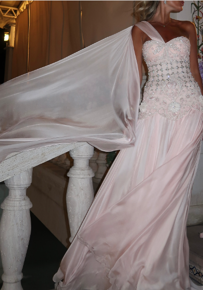 Elegant Light Pink A-line One Shoulder Ribbon Chiffon Long Prom Dress Evening Dress cc4905