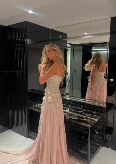 Elegant Light Pink A-line One Shoulder Ribbon Chiffon Long Prom Dress Evening Dress cc4905