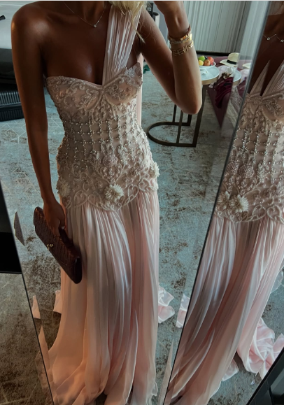 Elegant Light Pink A-line One Shoulder Ribbon Chiffon Long Prom Dress Evening Dress cc4905