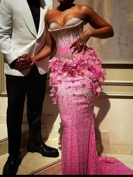 Gorgeous Gradient Pink Mermaid 3D Floral Sequined Long Prom Dress Evening Dress cc4907