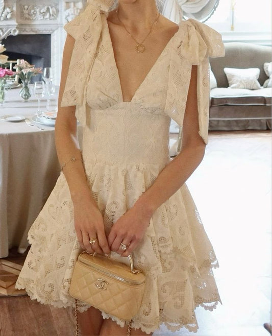 French Off-white Deep V-neck Shoulder Bow Lace A-line 17th Birthday Homecoming Dress cc4209