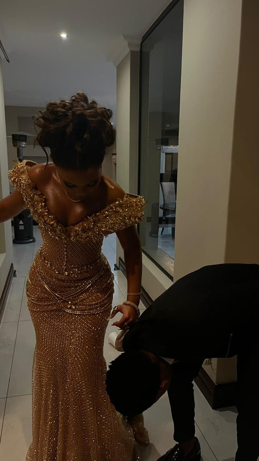 Luxurious Gold Mermaid Off-Shoulder Sequined Long Prom Dress Evening Dress cc4910