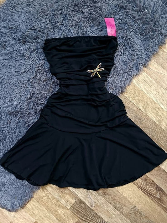 Simple Black Tube Top Pleated Waist 16th Birthday Homecoming Dress cc4211