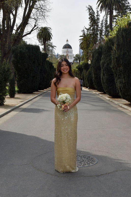 Elegant Gold Strapless Pearl Sequined Long Prom Dress Evening Dress cc4911