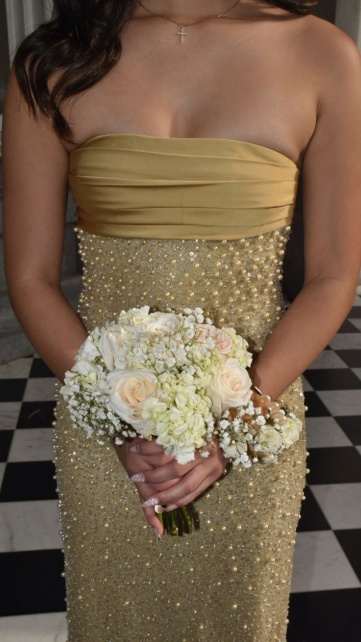 Elegant Gold Strapless Pearl Sequined Long Prom Dress Evening Dress cc4911