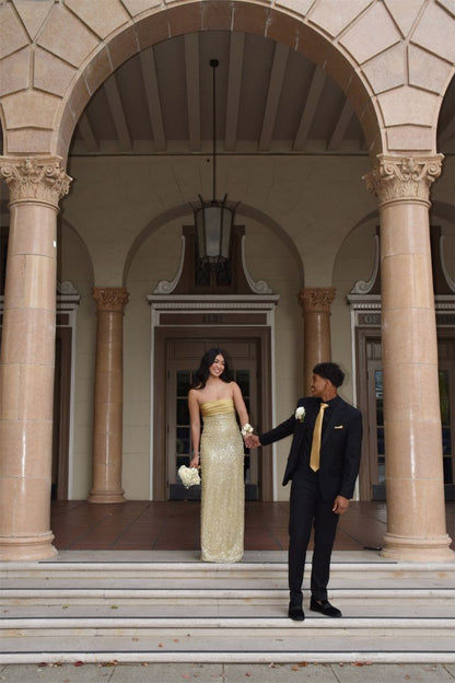 Elegant Gold Strapless Pearl Sequined Long Prom Dress Evening Dress cc4911