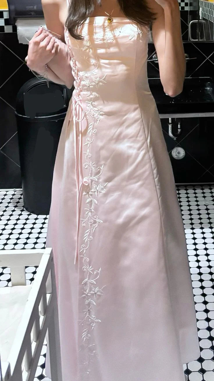 Vintage Light Pink A-line Halter Embroidered Satin Long Prom Dress Evening Dress cc4914
