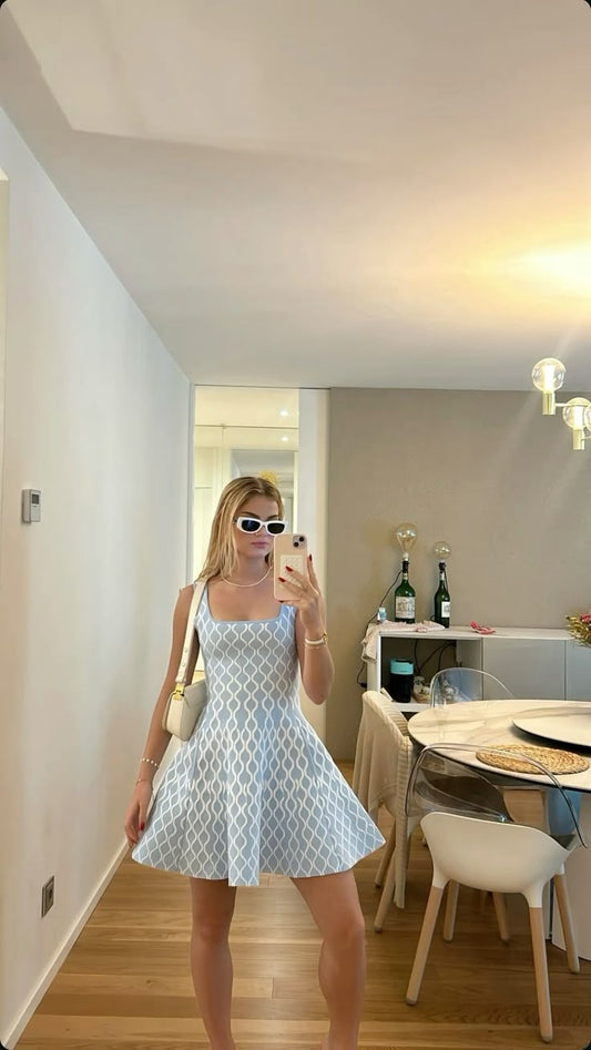 Fresh Light Blue Square Neck Geometric Pattern A-line 16th Birthday Homecoming Dress cc4214