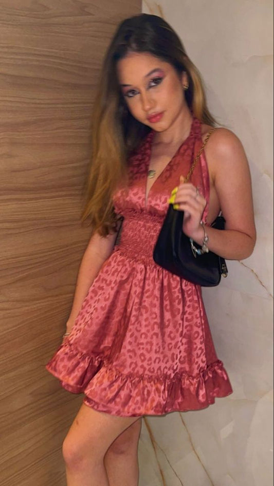 Retro Pink Leopard Print Halter Neck Deep V Neck Satin Birthday Party Homecoming Dress cc4215
