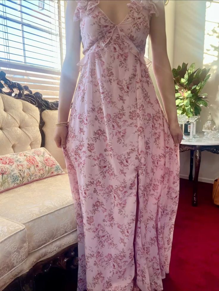 Sweet And Retro Pink Floral A-line Ruffled V-neck Chiffon Long Prom Dress Evening Dress cc4915