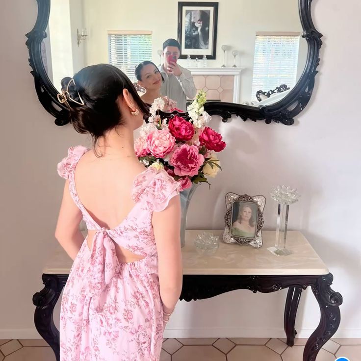 Sweet And Retro Pink Floral A-line Ruffled V-neck Chiffon Long Prom Dress Evening Dress cc4915