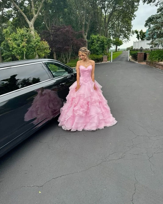 Princess Pink Heart-Shaped Neck Layered Tulle Long Ball Gown Evening Dress cc4916