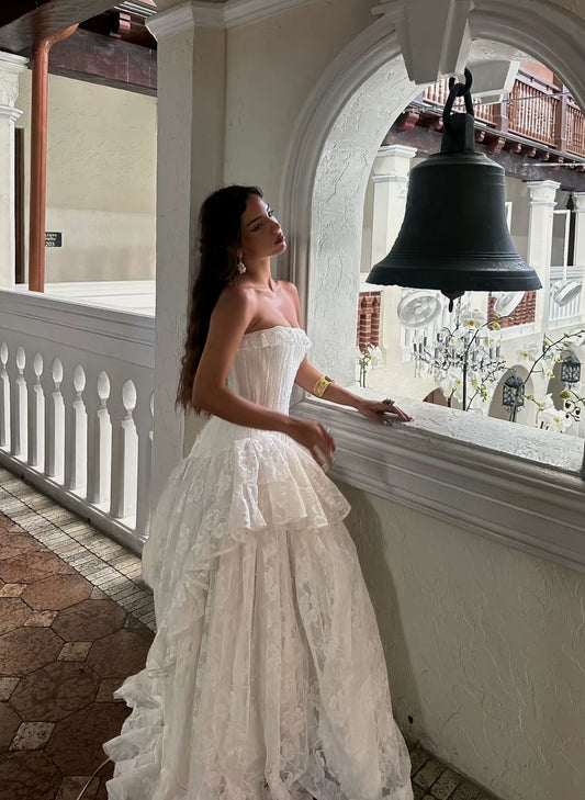 Vintage White Strapless Lace Long Ball Gown Evening Dress cc4917