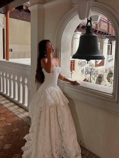 Vintage White Strapless Lace Long Ball Gown Evening Dress cc4917