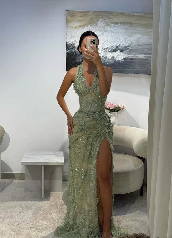 Gorgeous Green Mermaid 3D Floral Halter Neck Deep V-neck Mesh Slit Long Prom Dress Evening Dress cc4918
