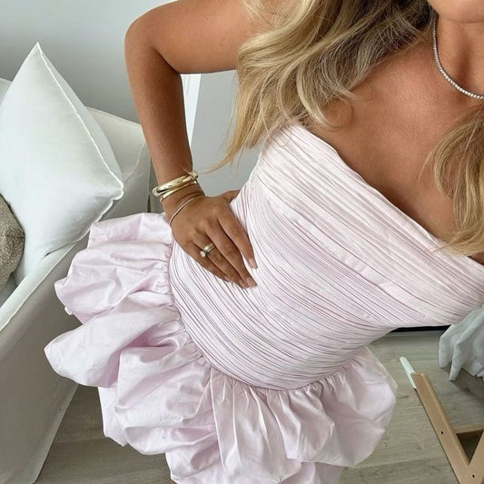 Sweet Light Pink Tube Top Pleated Satin Bud 16th Birthday Homecoming Dress cc4219