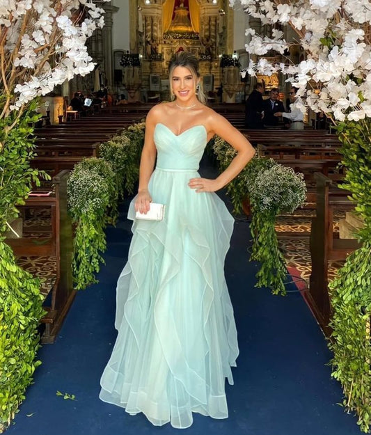 Elegant Light Green A-line Sweetheart Neckline Tiered Ruffled Tulle Long Prom Dress Evening Dress cc4722