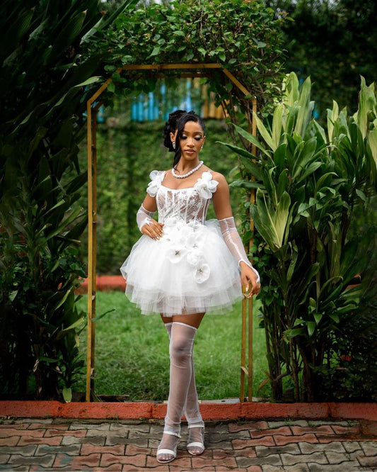 Cute White 3D Flower Tulle A-line 16th Birthday Homecoming Dress cc4220