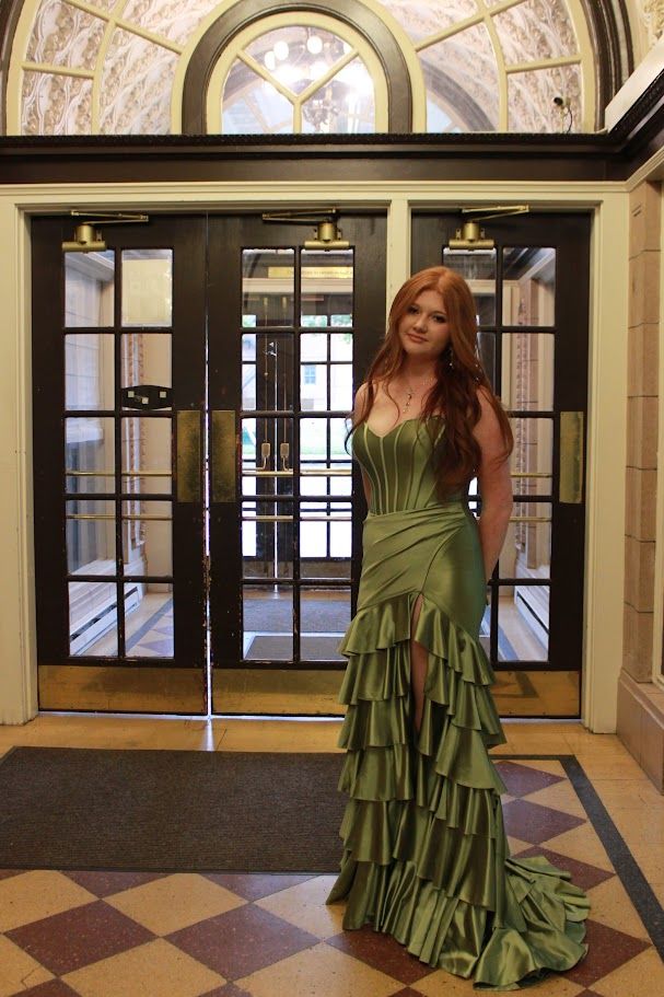 Elegant Green Mermaid Layered Ruffled Strapless Satin Slit Long Prom Dress Evening Dress cc4921