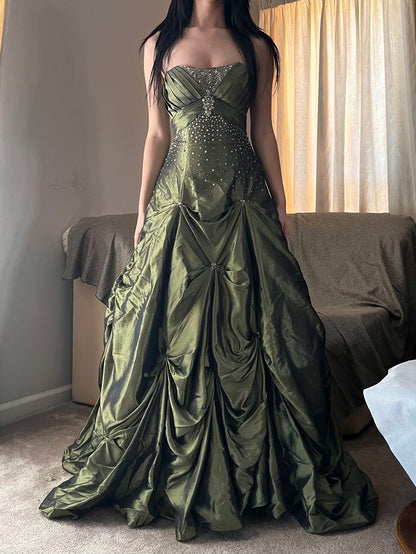 Vintage Blue A-line Strapless Satin Long Prom Evening Dress cc4922