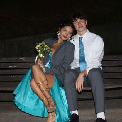 Elegant Turquoise Deep V Halter Neck Satin Slit Long Prom Dress Evening Dress cc4923
