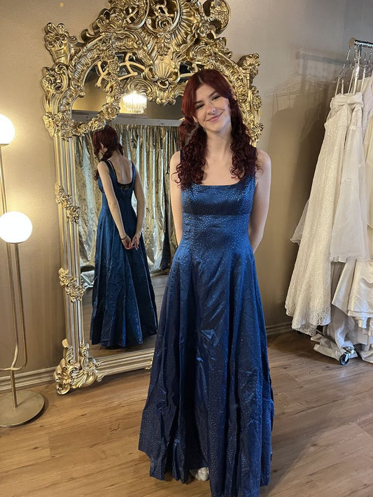 Elegant Retro Navy Blue A-line Square Neck Sequined Satin Long Prom Dress Evening Dress cc4924