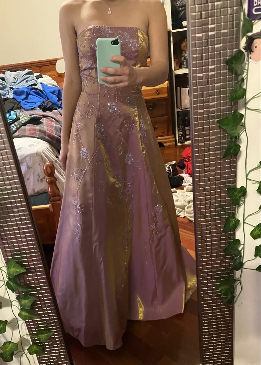 Retro Pink-Purple Gradient A-line Strapless Beaded Satin Long Prom Dress Evening Dress cc4926