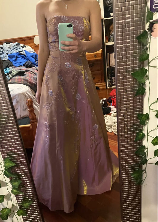 Retro Pink-Purple Gradient A-line Strapless Beaded Satin Long Prom Dress Evening Dress cc4926