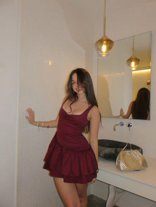 Sweet Burgundy Multi-layered Lotus Leaf Skirt A-line 17th Birthday Homecoming Dress cc4228