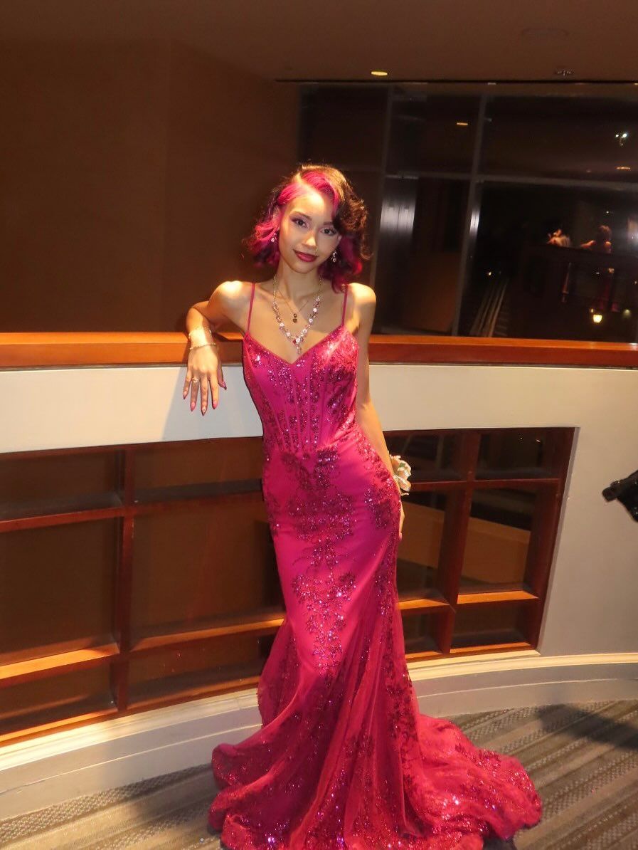 Gorgeous Rose Red Mermaid Trail Deep V Strap Sequined Long Prom Dress Evening Dress cc4723