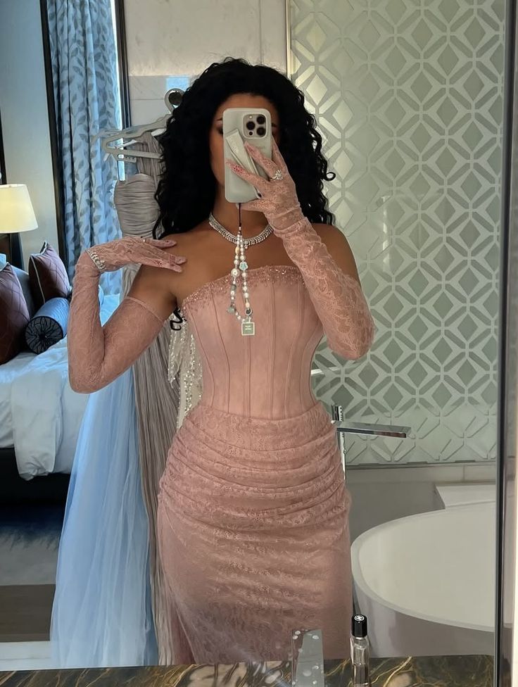 Retro Pink Mermaid Strapless Lace Long Prom Dress Evening Dress cc4931