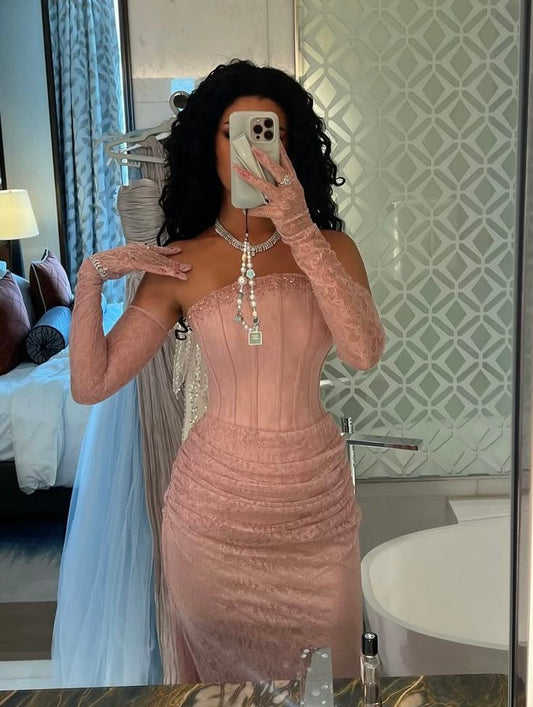 Retro Pink Mermaid Strapless Lace Long Prom Dress Evening Dress cc4931