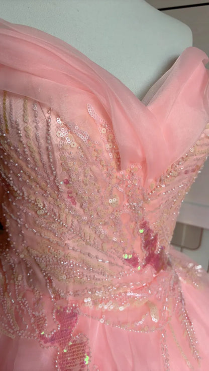 Dreamy Princess Pink Strapless Sequined Beaded Layered Tulle Ball Gown Evening Dress cc4934