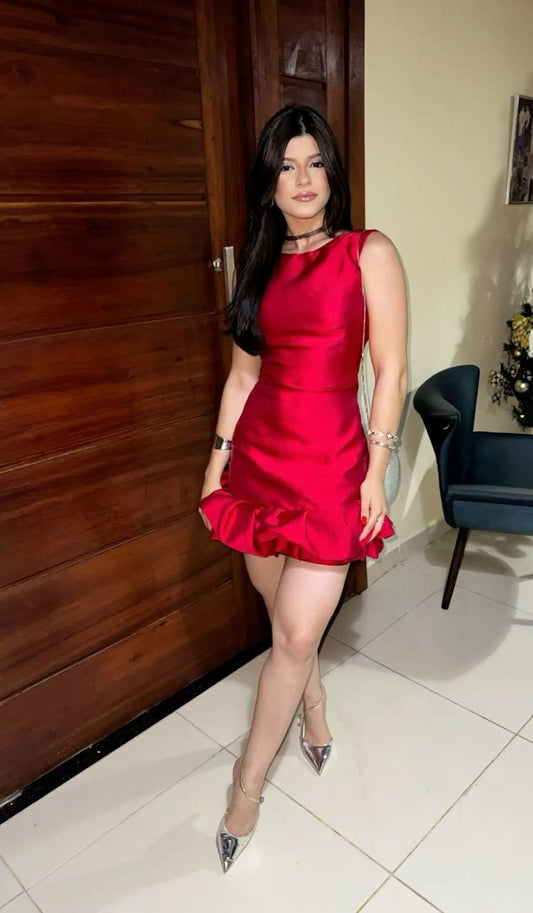 Elegant Red Round Neck Bud Satin 17th Birthday Homecoming Dress cc4237