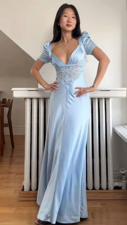 Elegant Light Blue A-line Deep V-neck Short-sleeved Satin Long Prom Dress Evening Dress cc4937