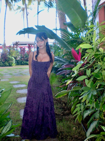 Retro Deep Purple A-line Halter Square Neck Sequined Long Prom Dress Evening Dress cc4938