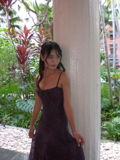 Retro Deep Purple A-line Halter Square Neck Sequined Long Prom Dress Evening Dress cc4938