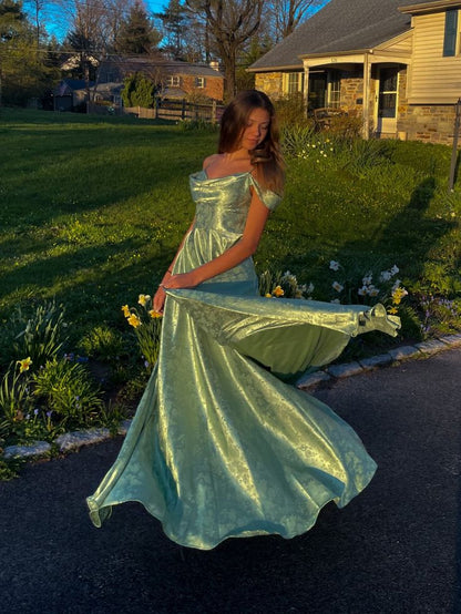 Elegant Green A-line Off-the-Shoulder Jacquard Satin Long Prom Dress Evening Dress cc4939