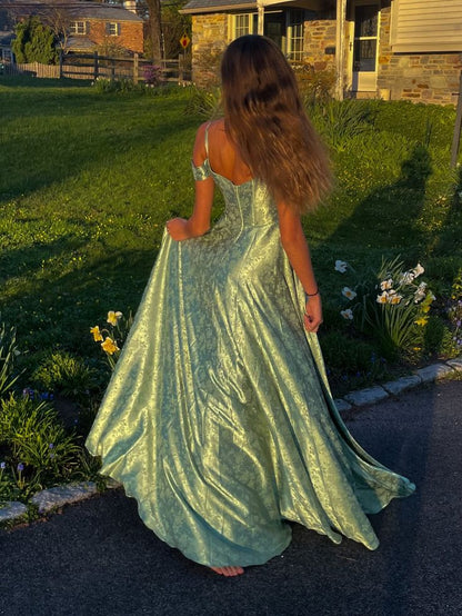 Elegant Green A-line Off-the-Shoulder Jacquard Satin Long Prom Dress Evening Dress cc4939