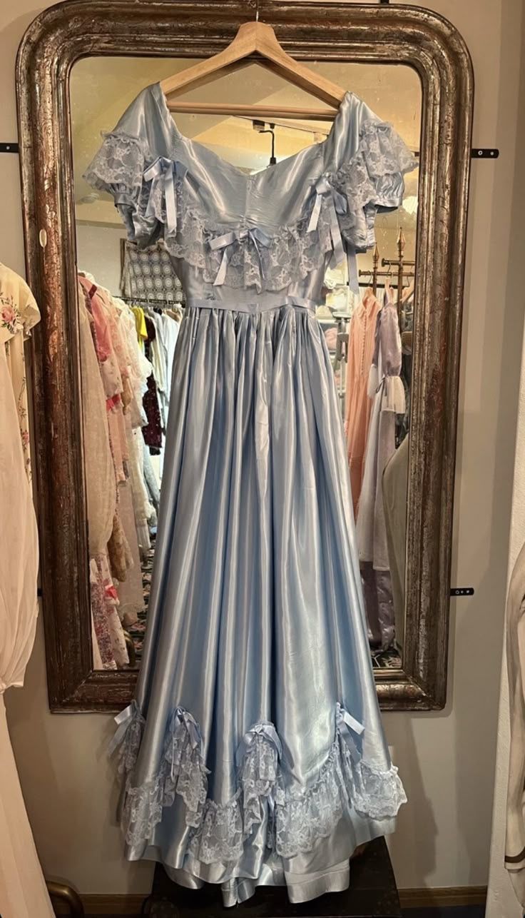 Vintage Light Blue A-line Lace Satin Long Prom Dress Evening Dress cc4940