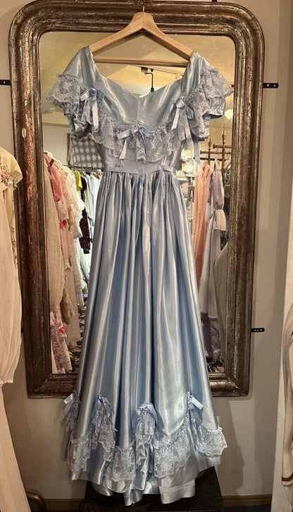 Vintage Light Blue A-line Lace Satin Long Prom Dress Evening Dress cc4940