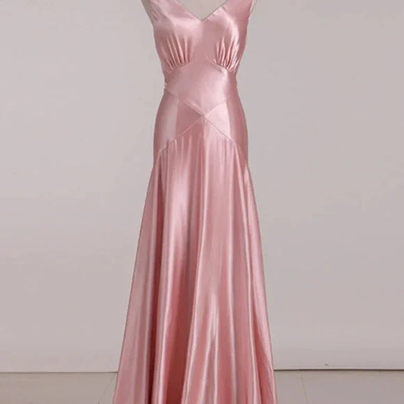 Simple Pink A-line Deep V Bow Backless Satin Long Prom Dress Evening Dress Bridesmaid Dress cc4941