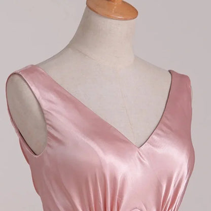 Simple Pink A-line Deep V Bow Backless Satin Long Prom Dress Evening Dress Bridesmaid Dress cc4941
